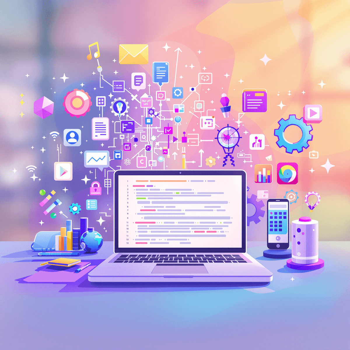 A colorful digital workspace with a laptop displaying coding elements, surrounded by coding tools and icons, set against a bright, inviting background.