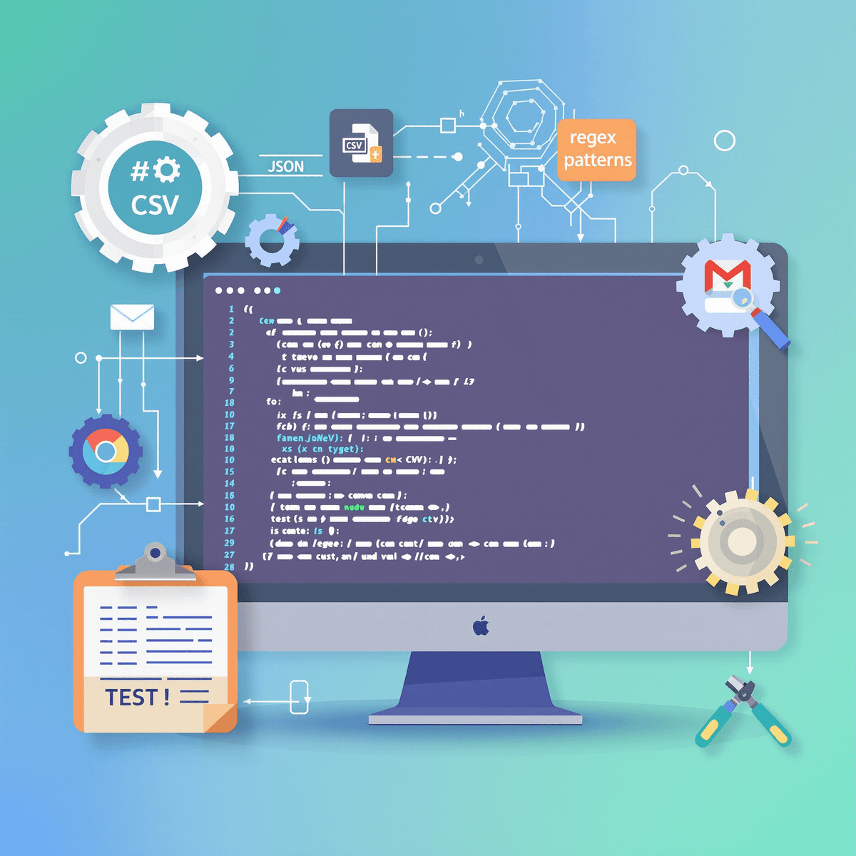 A modern digital workspace showcasing development tools, code snippets, and testing icons, set against a blue-green gradient background with gears and circuit patterns.